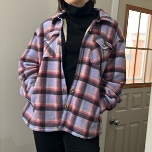 SAGE shacket women’s XXL purple checkered thick Sherpa-like lining